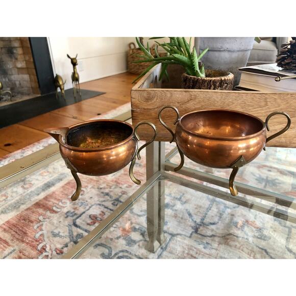 Vintage Copper & Brass Cream and Sugar Set, Planter, Succulent Planters - Picture 1 of 9